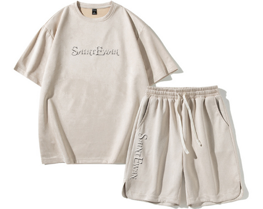 Suede 3D Embroidery Branded Shorts Set